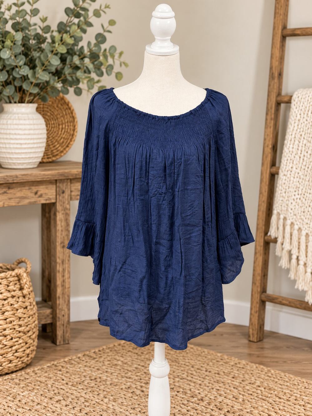 Navy Blue Boho Peasant Blouse | Smocked Neck | Ruffle Sleeve